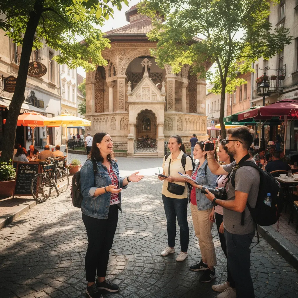 Un panou informativ care oferă fraze utile în limba română pentru vizitatorii străini.